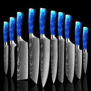 Kitchen Knife Set 10 Pieces Stainless Steel Sharp Santoku Blue Resin