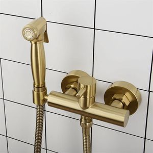 Bidet Faucets Brushed Gold Brass Gold Brass Bathroom Faucet Wall 2 Holes
