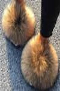 Big Fur Slides Real Raccoon Flat Sandals Plush House Women Fluffy Flip Flops Beach Flat