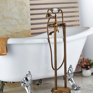 Luxury Antique Brass Floor Mounted floor mounted Brass Floor Mounted Bathroom Tub Dual Handles