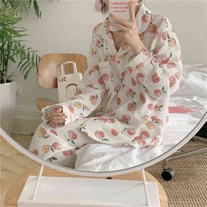 pure cotton women pajama set homewear peach sleepwear long sleeve 2 piece set trousers Print