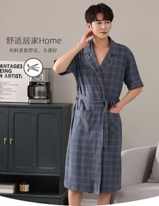 Men&#039;s Short Sleeve Nightgown Summer Thin Plus Size Casual Home Pajamas Mid Length Bathrobe Yu#2022