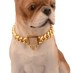 Shiny Diamond Dog Chain Collars Zircon Stainless Steel Lock Collar / Lock Collar Puppy 14mm Outdoor