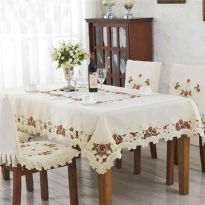Handmade Cutwork Flower Embroidered Rectangular floral Tablecloth Set Beige Satin Round Table