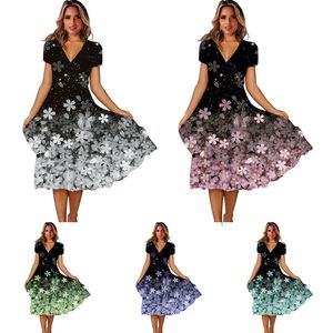 7 Colors Womens V Short Short Sleeve Floral Print Long Vintage Dresses