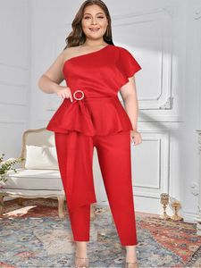 Women&#039;s Plus Size Pants Red Shoulder Peplum Short Sleeve RUFFLES Shoulder Peplum Short Sleeve Female Women's Plus Size Pants