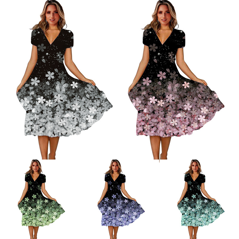7 Colors Womens V Short Short Sleeve Floral Print Long Vintage Dresses